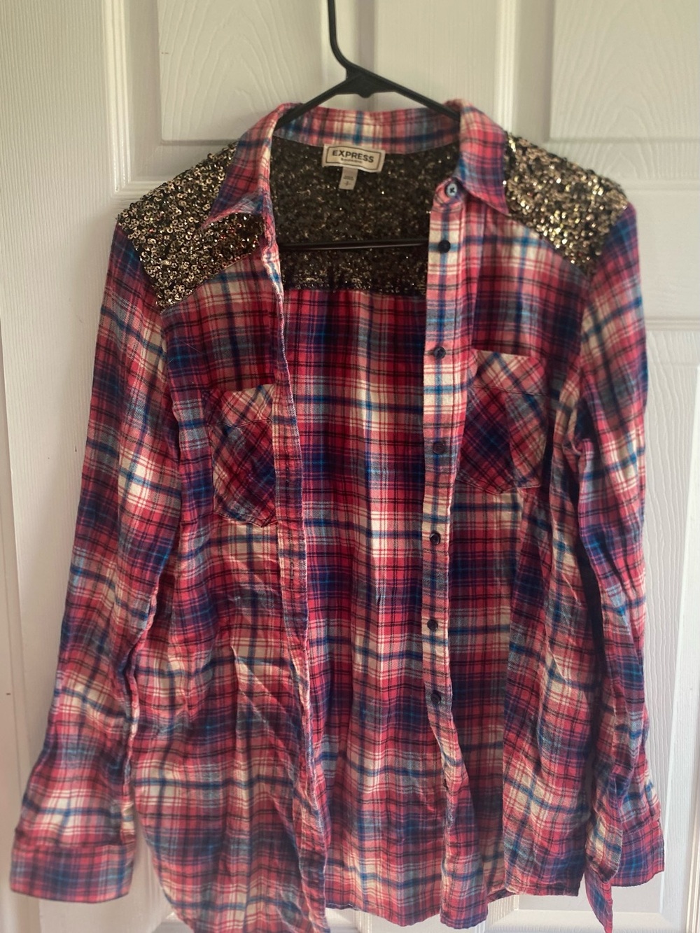 Express Women’s Pink Blue Plaid Button-Down Shirt with Sequin Shoulders
